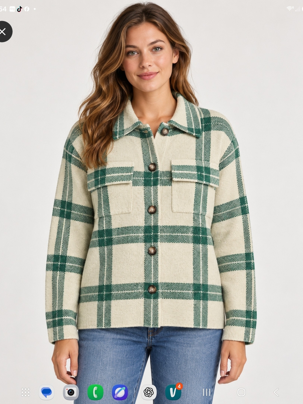 Women's Green Plaid Shacket Jacket - Neutral Green Check